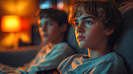 Obraz premium Two young boys focused intently on a television screen, their faces illuminated by warm light in a cozy living room setting