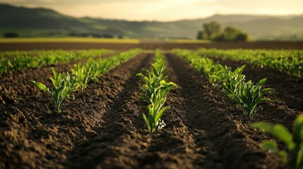 Young Corn Plants Growing in a Field