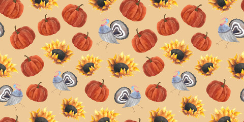 Watercolor pumpkin sunflower turkey bird seamless pattern Autumn 2024 Thanksgiving day decoration Harvest festival design Wrapping paper wallpaper textile print Ripe gourd Gobbler Beige background