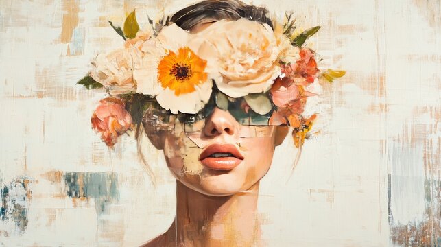 Abstract contemporary art collage portrait of young woman with flowers on face hides her eyes, oil painting