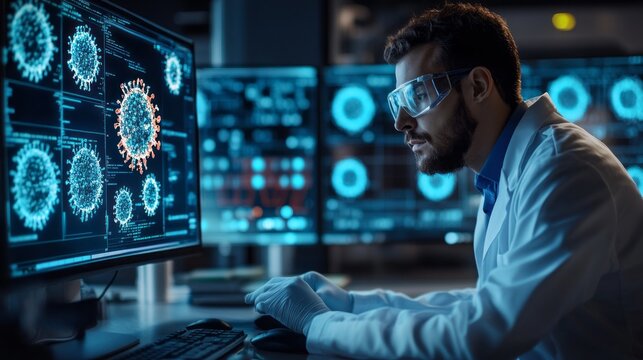 A man in a lab coat is working on a computer monitor with a virus on it. He is wearing safety goggles and he is focused on his work