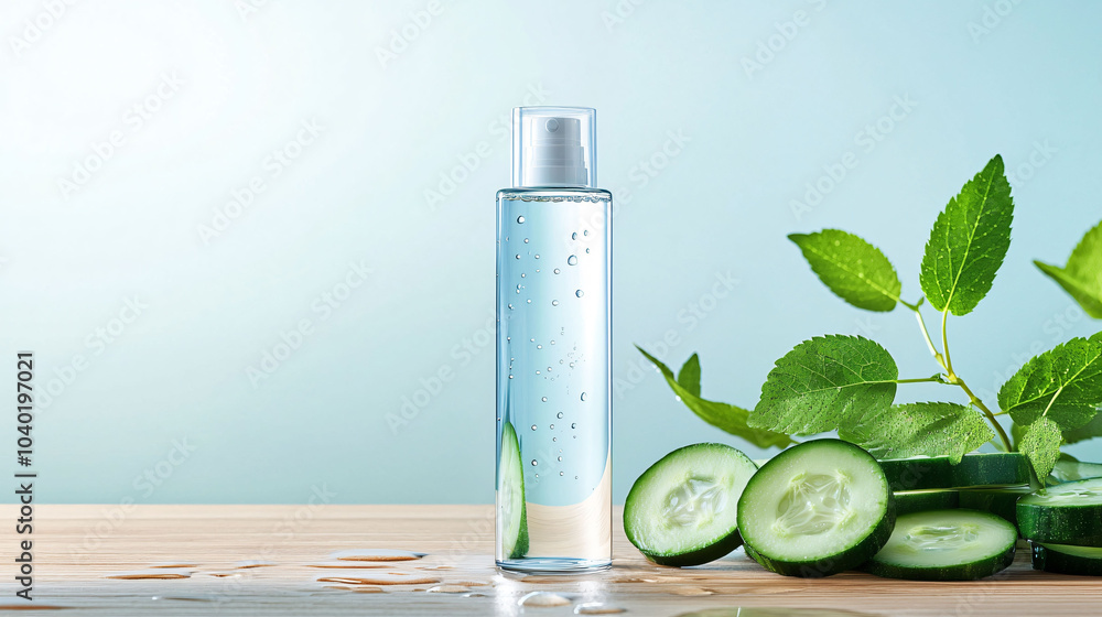 Poster refreshing cucumber water in clear bottle with slices and leaves