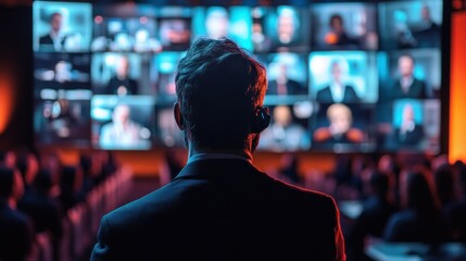 Man watching video conference with multiple screens