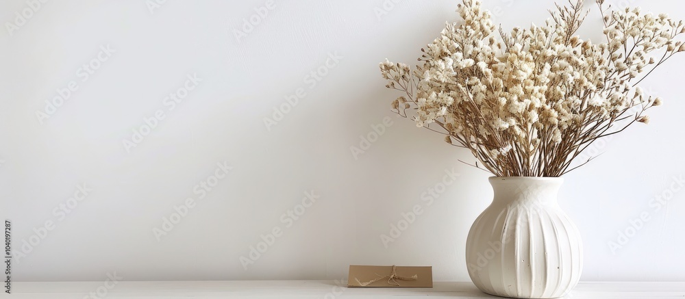 Poster minimalistic composition with dried flowers in a vase on a white background featuring a decorative c
