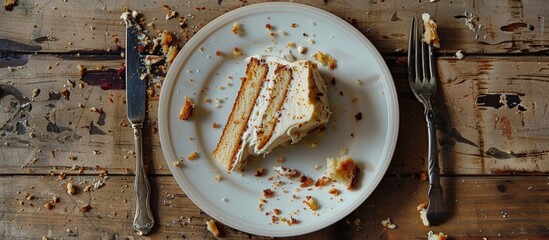 A plate with dirty cutlery on it positioned beside a cake featuring a messy appearance suitable for a copy space image