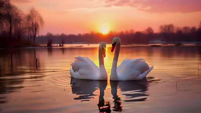 Video recreation of two beautiful white swans in a lake at sunset	
