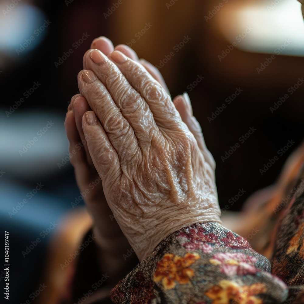 Wall mural a close-up of an elderly woman praying during a religious retreat, her hands clasped in peaceful ref