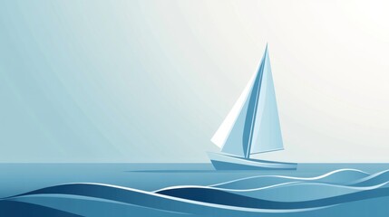 A sleek sailboat navigates softly on calm, minimalist waves, capturing a sense of peace and exploration in a timeless setting. Generative AI