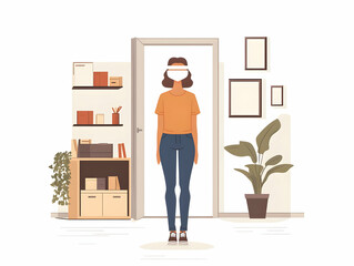 Flat Surprise Home Makeover Reveal: Tracking Shot Blindfolded Person�s Genuine Shock After Renovation, Before After Transformation, Dramatic Interior Design Reveal, Simple Flat Vector Illustration Bus