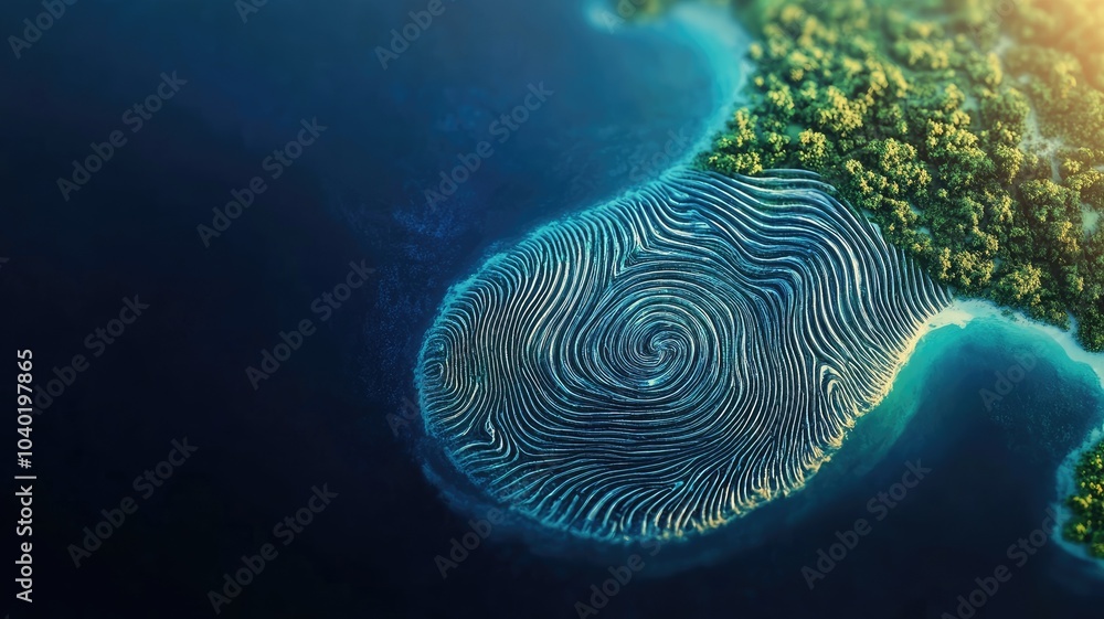 Poster aerial view of unique island resembling fingerprint pattern surrounded by ocean