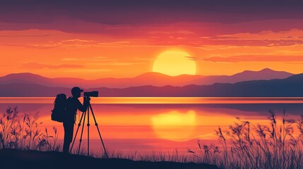 Naklejka premium Photographer capturing sunset reflection over lake during tranquil evening.