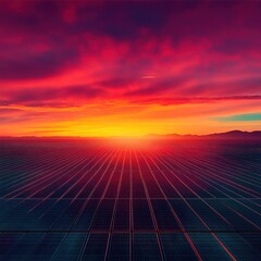 Vibrant solar array at sunrise under dramatic sky.