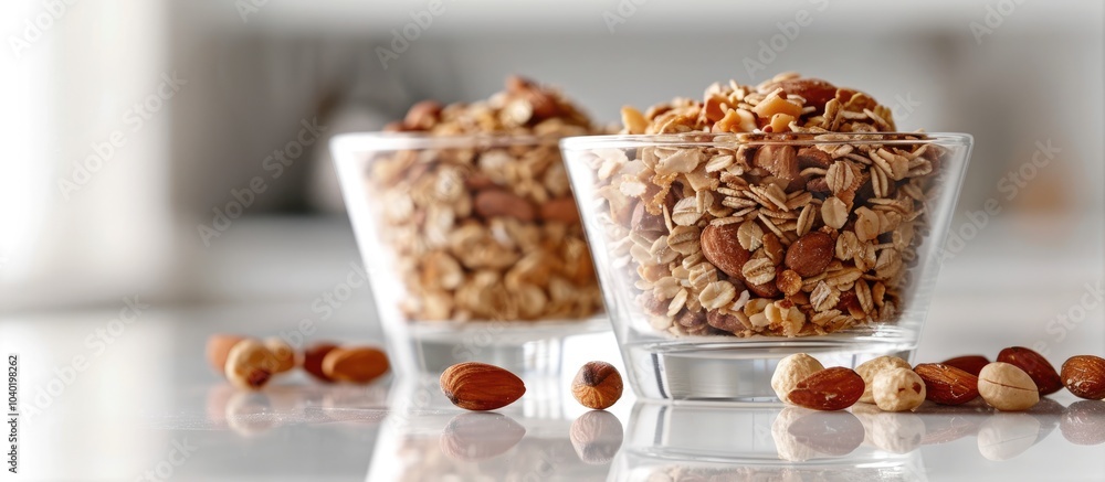 Poster granola stack with peanuts on white backdrop mirrored in glass ample copy space image available