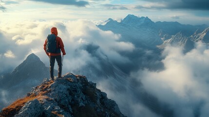 Obraz premium Triumphant Hiker Standing on a Mountain Peak