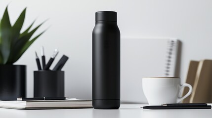 Boost Productivity with Inspirational Thermo Water Bottle - Desk Setup with Coffee, Notebooks, and Pens