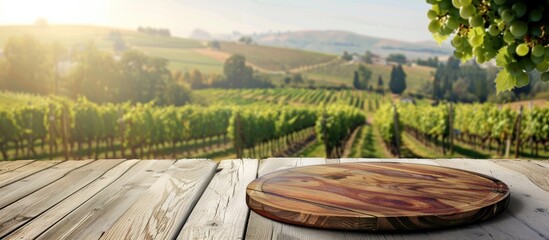 A wooden circular cutting board showcased on a white wooden table next to a vineyard in the countryside offering a backdrop for staging food and drinks or displaying products in a copy space image