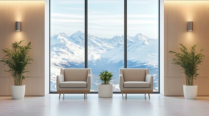 Fototapeta premium Modern waiting room overlooking snow capped mountains