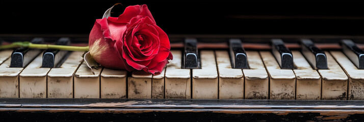 A single red rose rests delicately on black and white piano keys, bathed in soft, natural light with sepia tones, capturing a vintage, romantic atmosphere in sharp, nostalgic detail.