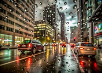 Obraz premium Rainy Day View from Car Window - Captivating Urban Architecture Reflections