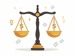 Flat Flying Golden Scales Balancing Dollar Sign Lightbulb Isolated White Background Vector Illustration Financial Compromise Profit Innovation Simple Flat Design