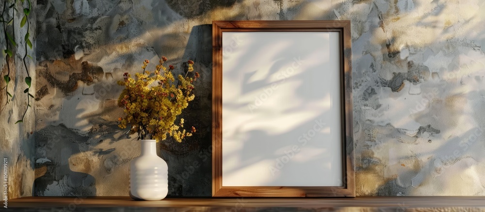 Poster wooden table with a picture frame featuring copy space image