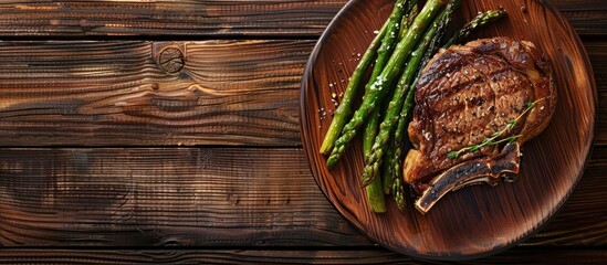 Top view of a wooden background showing a bone in rib eye steak with roasted asparagus on a plate with space for text or image inclusion. Copy space image. Place for adding text and design