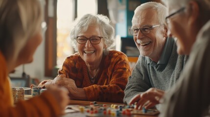 A wide shot of retirees in a social gaming group, playing board games and sharing laughs