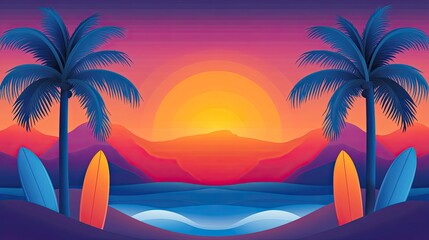 Obraz premium Vibrant Tropical Beach Scene with Surfers and Palms