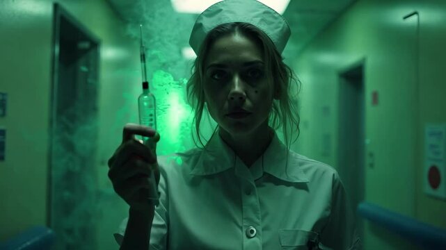 A nurse holds a glowing green syringe in a dimly lit hospital hallway, surrounded by an eerie mist, creating a tense and unsettling atmosphere perfect for Halloween horror