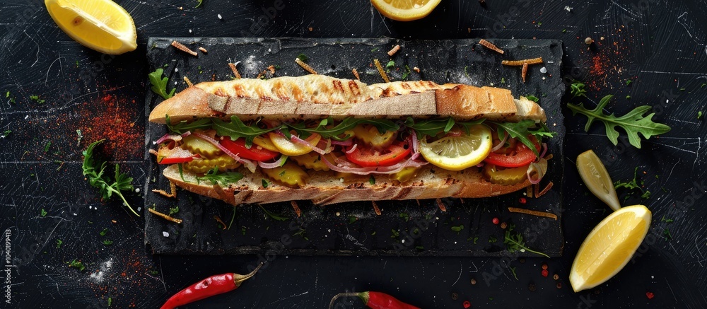Poster an appetizing sandwich with lemon and peppers on a black griddle over charcoal provides a captivatin