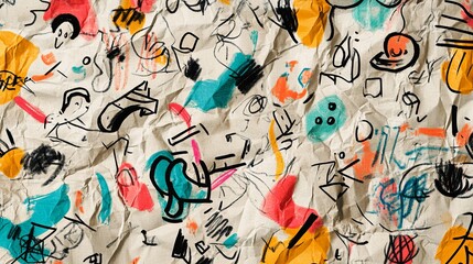 Obraz premium Vibrant hand-drawn doodle collage on crumpled paper