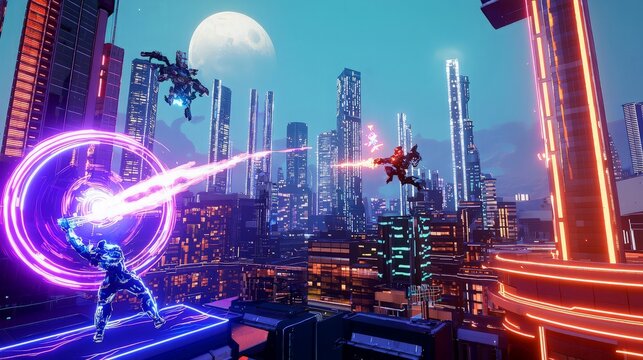 Fototapeta Futuristic cityscape with neon lights and glowing characters in the air, fighting.