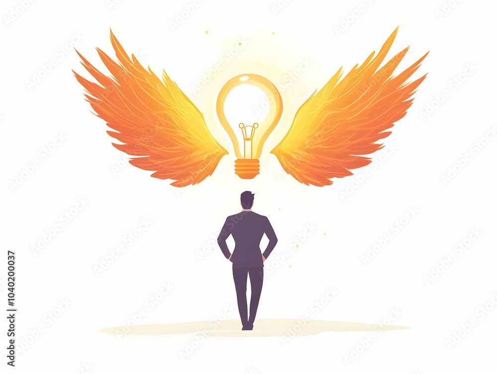 Poster flat floating lightbulb with wings isolated white background | vector image symbolizing innovative i