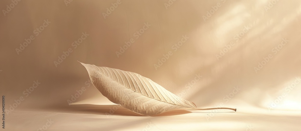 Poster light and airy beige background with a delicate thin leaf on it creating a peaceful atmosphere in th