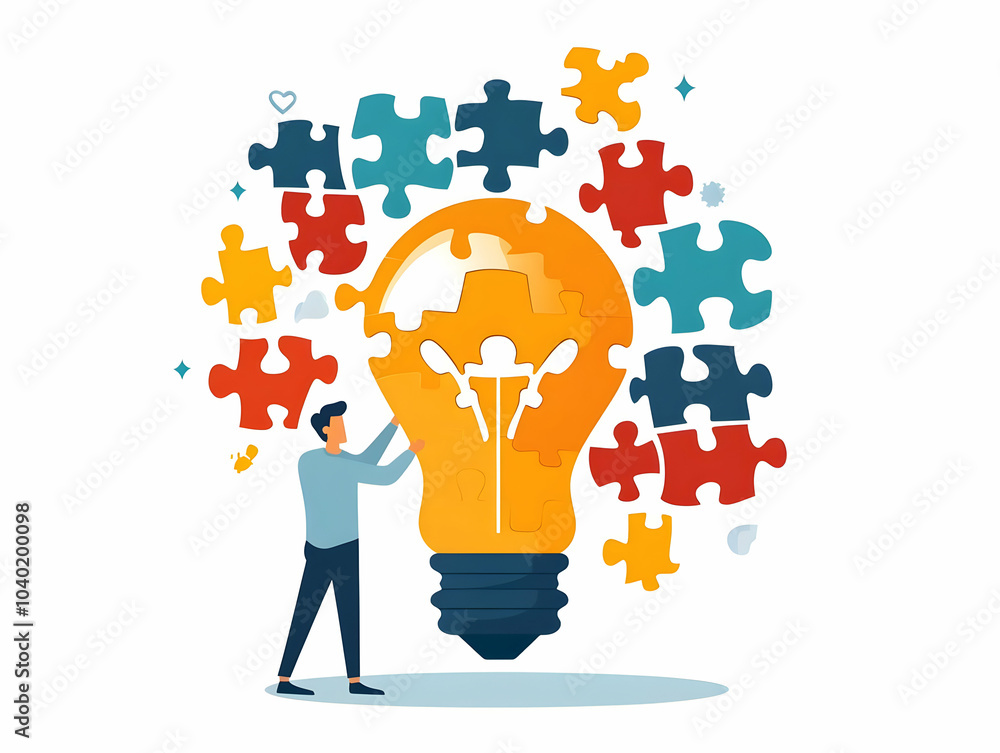 Poster flat floating puzzle piece connects to light bulb - problem solving innovation concept in esg busine