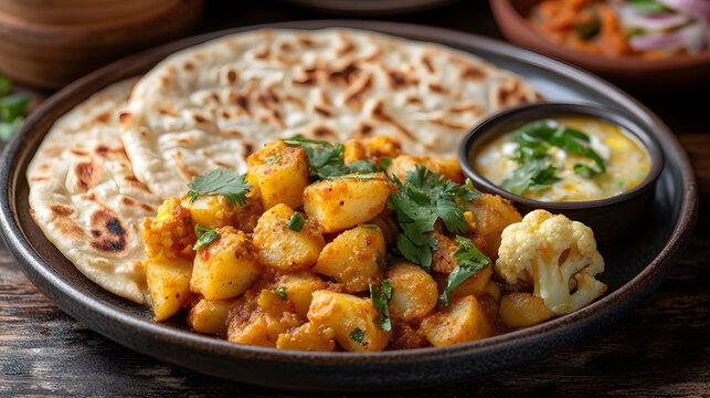 A plate of Aloo Gobi, featuring stir-fried potatoes and cauliflower cooked with spices, garnished with coriander leaves and served with a side of paratha