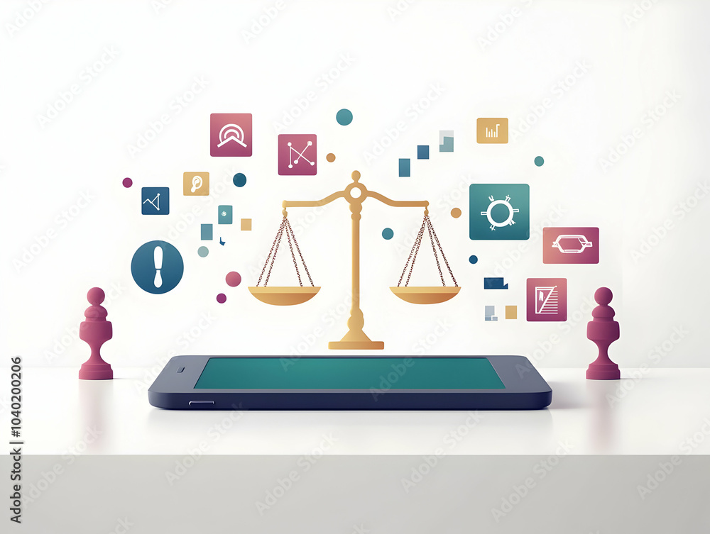 Poster flat tablet holographic scale community figures glossy table side angle illustration smart business 
