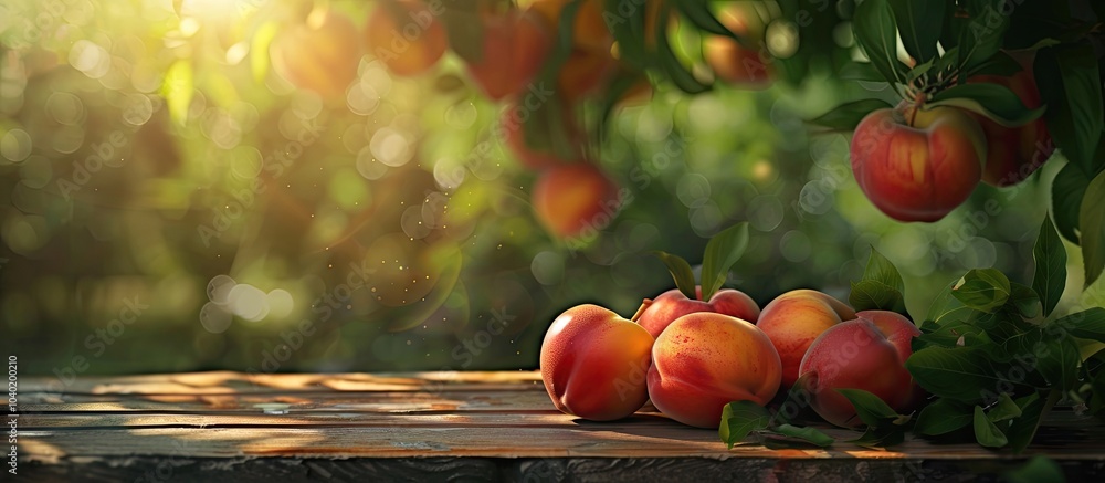 Poster during summer at a fruit plantation nectarines are displayed on a table with a background suitable f