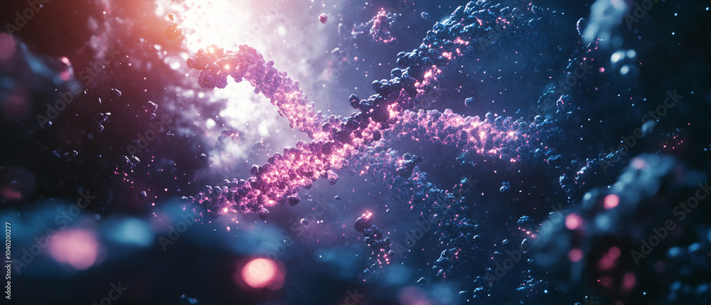 Poster abstract dna structure with glowing particles in space