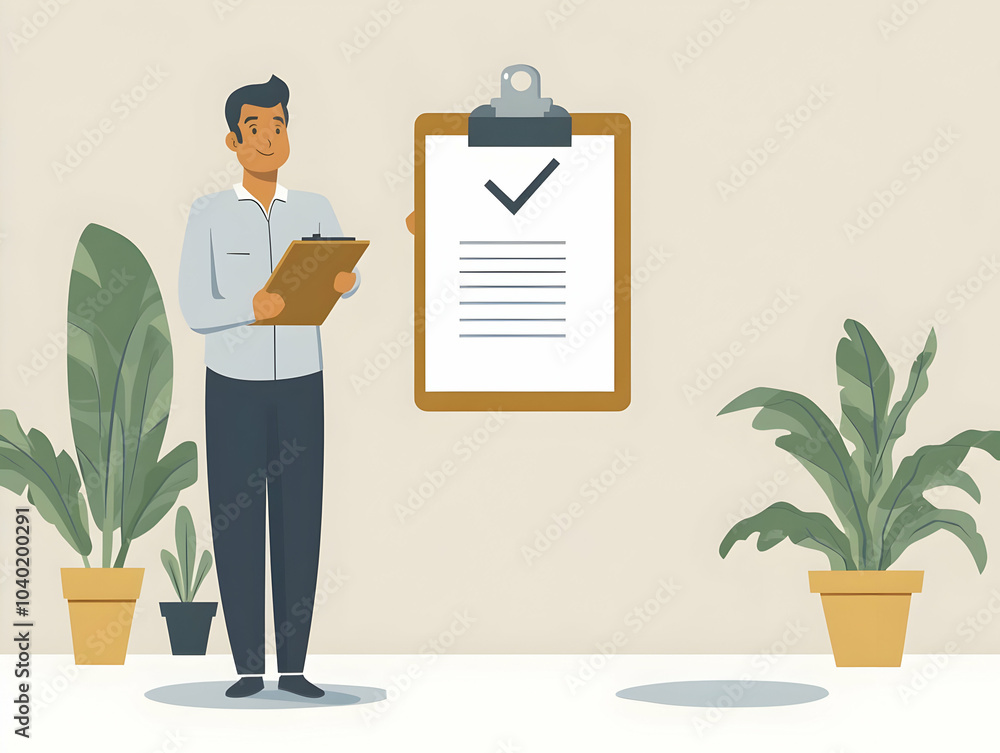 Poster flat levitating clipboard vector illustration with checkmark for task completion concept in business