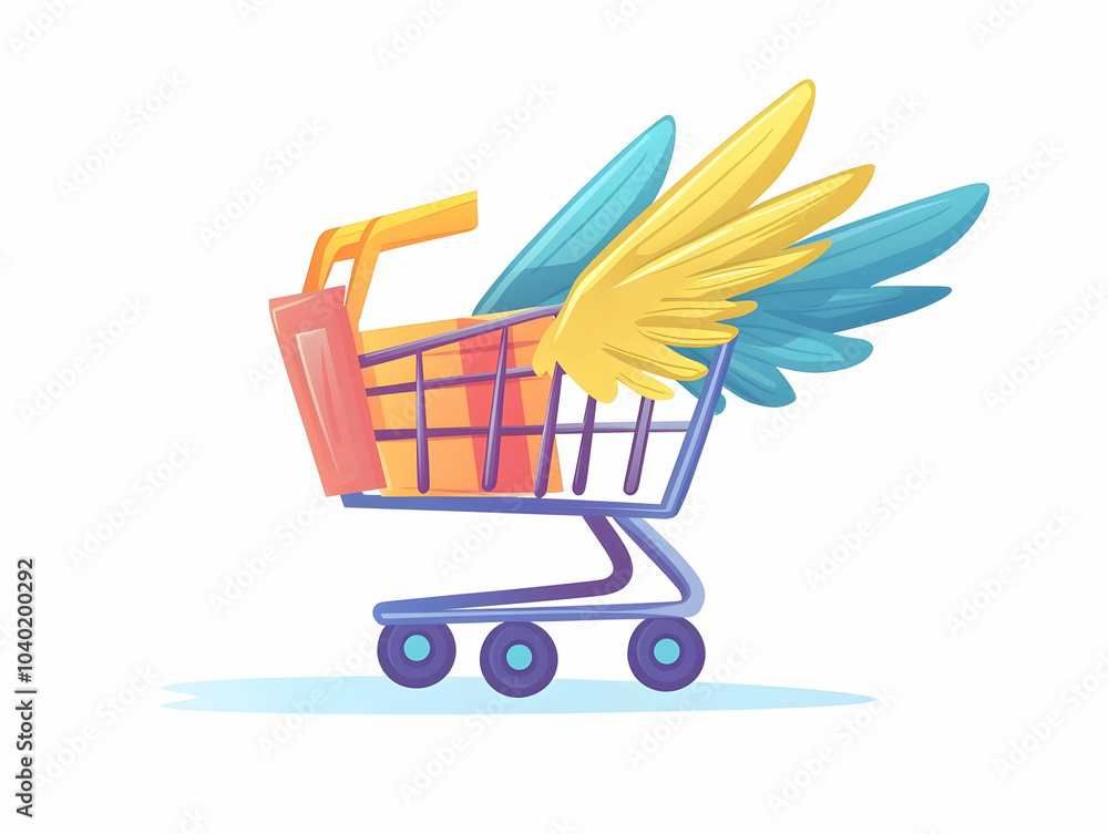 Poster flat shopping cart with wings flying vector illustration | e-commerce and swift buying concept | sim