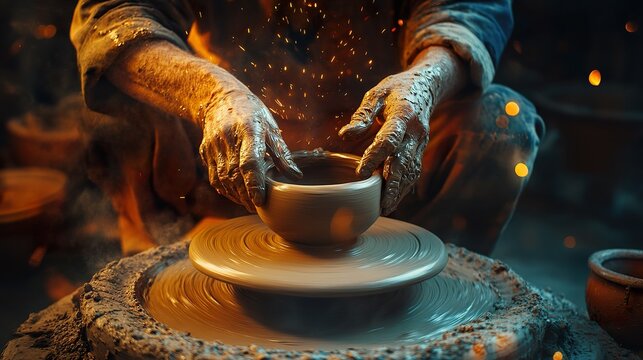 Potter Shaping Clay on a Wheel: A Masterful Demonstration of Pottery Creation