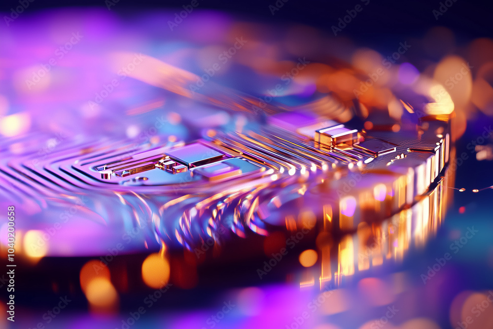 Poster this macro shot showcases a microchip's vibrant colors and intricate circuitry details