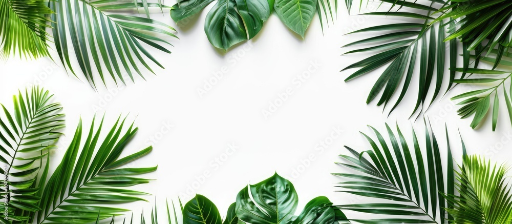 Aufkleber palm branches in green as a top border on a white backdrop with room for copy space image