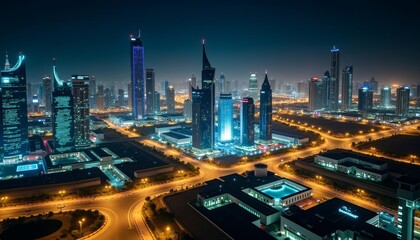 Fototapeta premium Vibrant cityscape at night illuminated by bright lights and towering skyscrapers