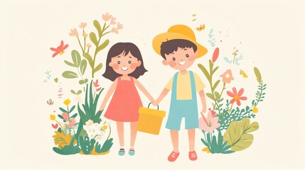 Two children holding hands surrounded by colorful flowers and plants.