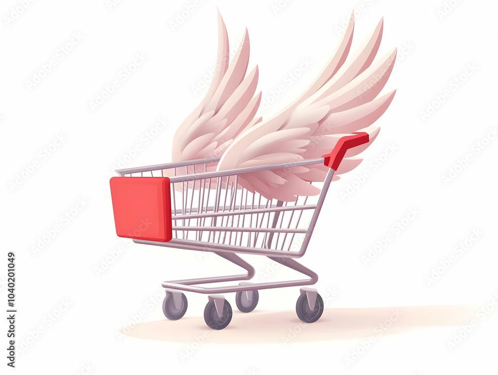 Poster flat shopping cart with wings vector illustration - shopping cart soars in e-commerce concept - side