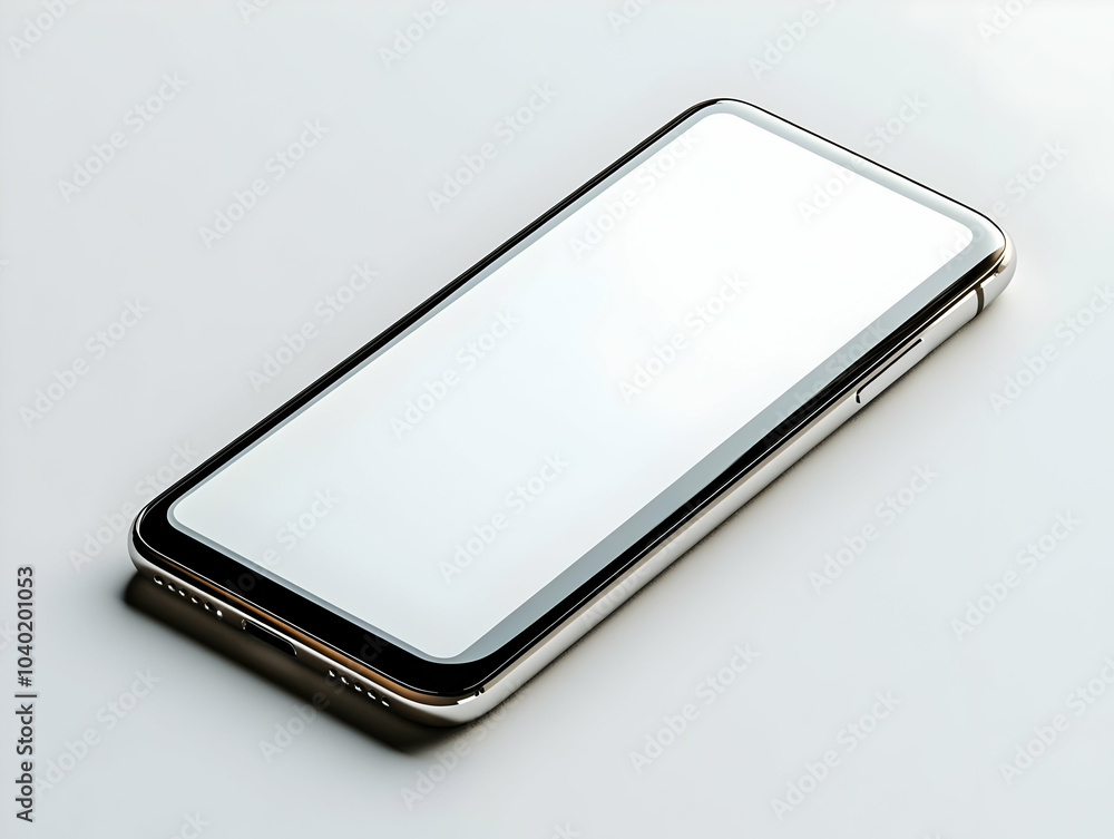 Poster flat glossy mobile phone with blank screen on white surface - top down close up illustration for onl