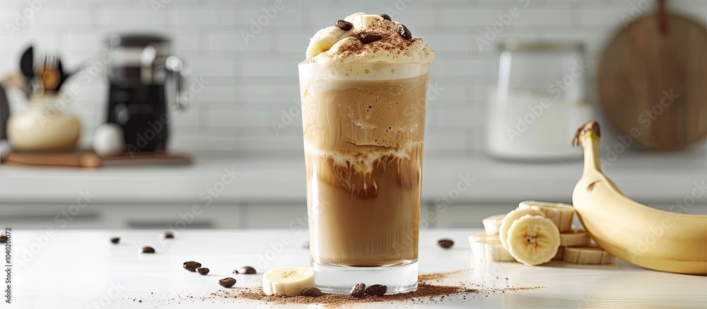 Poster cold latte coffee blending with banana in a non dairy vegan drink topped with espresso displayed on 