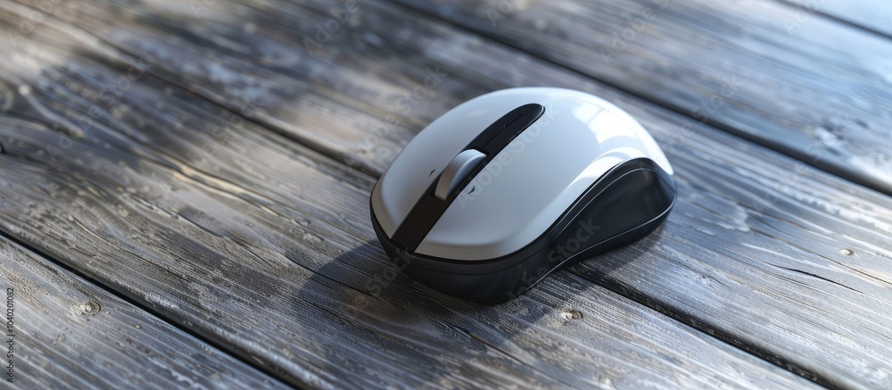 Aufkleber close up of a wireless mouse on a gray wooden table with ample copy space image